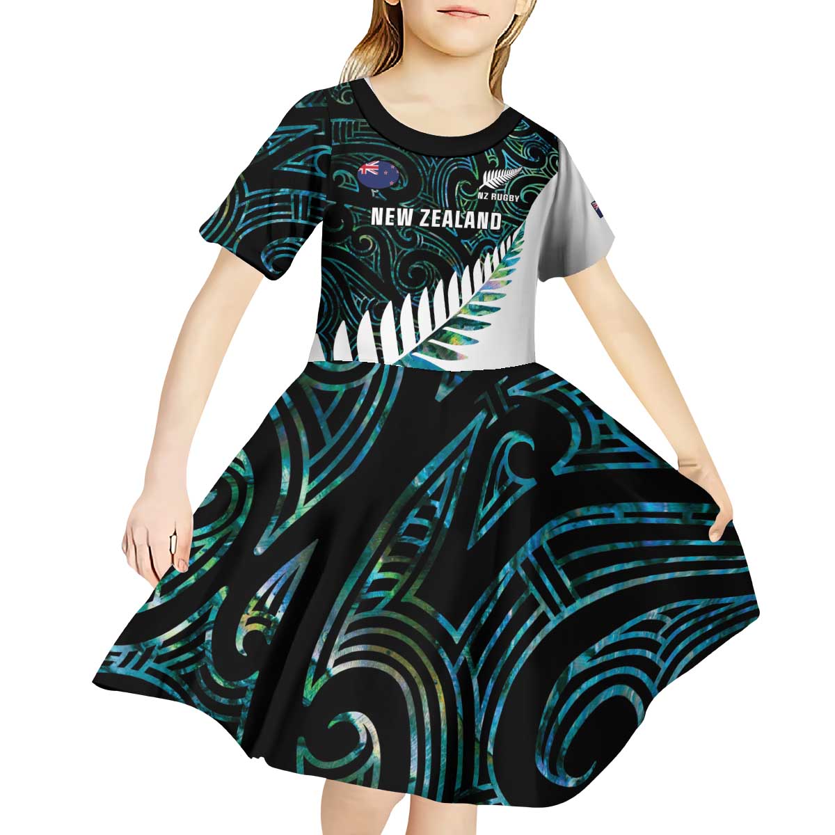 New Zealand Silver Fern Rugby Custom Kid Short Sleeve Dress Go All Black Turquoise Maori Paua Shell - Polynesian Pride