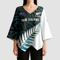New Zealand Silver Fern Rugby Custom Kimono Sleeve Blouse Go All Black Turquoise Maori Paua Shell - Polynesian Pride