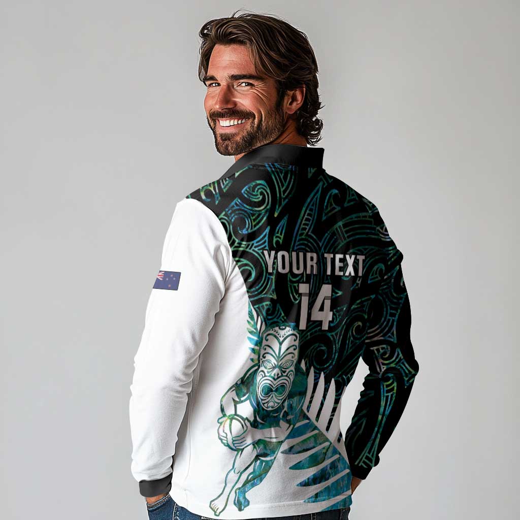 New Zealand Silver Fern Rugby Custom Long Sleeve Polo Shirt Go All Black Turquoise Maori Paua Shell - Polynesian Pride