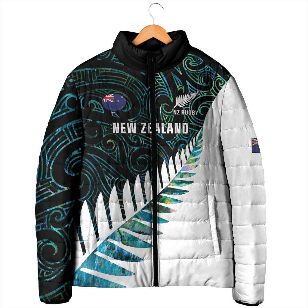 New Zealand Silver Fern Rugby Custom Padded Jacket Go All Black Turquoise Maori Paua Shell - Polynesian Pride