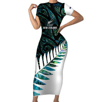 New Zealand Silver Fern Rugby Custom Short Sleeve Bodycon Dress Go All Black Turquoise Maori Paua Shell - Polynesian Pride