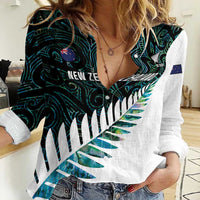 New Zealand Silver Fern Rugby Custom Women Casual Shirt Go All Black Turquoise Maori Paua Shell - Polynesian Pride