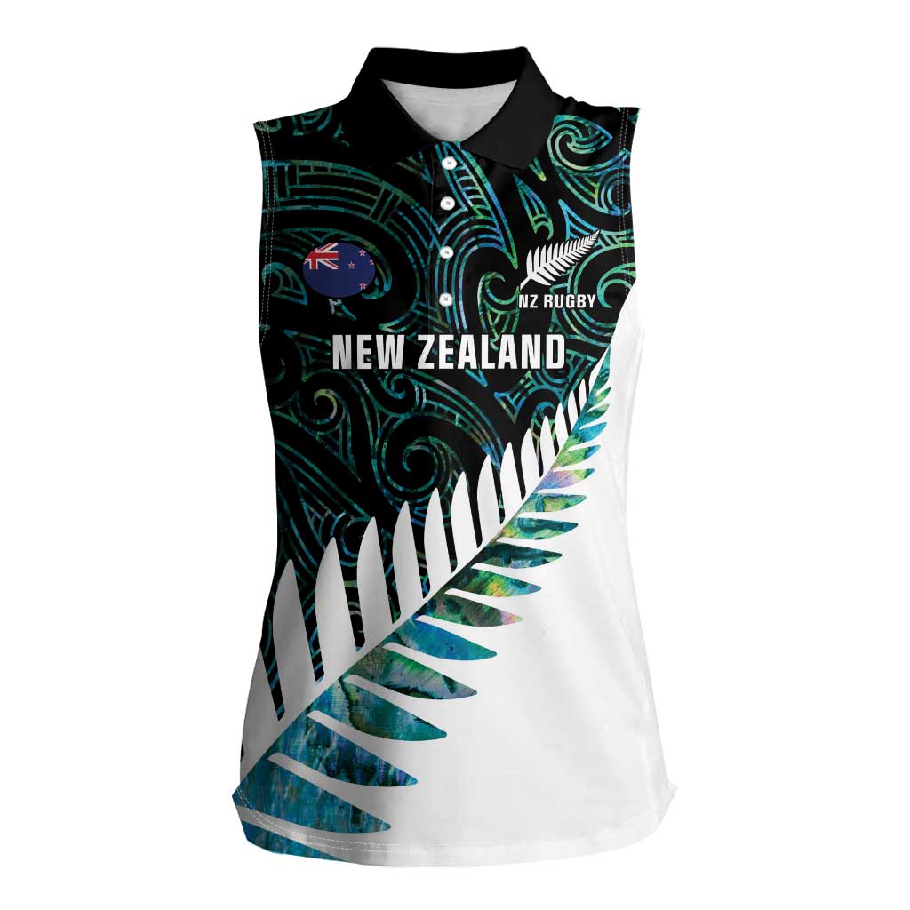 New Zealand Silver Fern Rugby Custom Women Sleeveless Polo Shirt Go All Black Turquoise Maori Paua Shell - Polynesian Pride