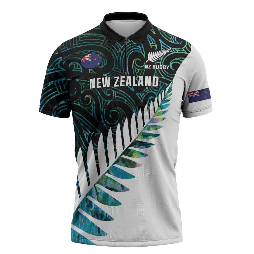 New Zealand Silver Fern Rugby Custom Zipper Polo Shirt Go All Black Turquoise Maori Paua Shell - Polynesian Pride