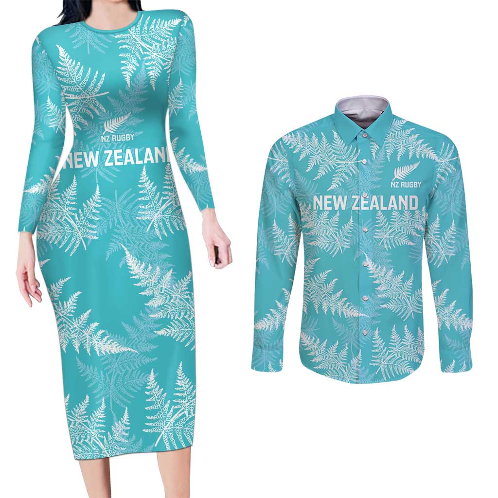 New Zealand Silver Fern Rugby Custom Couples Matching Long Sleeve Bodycon Dress and Long Sleeve Button Shirt Go Aotearoa Champions Turquoise Version LT14 Turquoise - Polynesian Pride