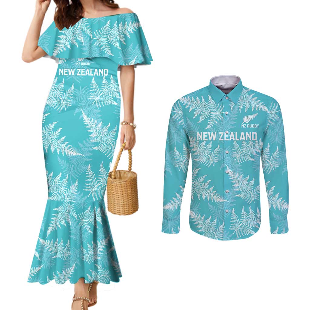 New Zealand Silver Fern Rugby Custom Couples Matching Mermaid Dress and Long Sleeve Button Shirt Go Aotearoa Champions Turquoise Version LT14 Turquoise - Polynesian Pride