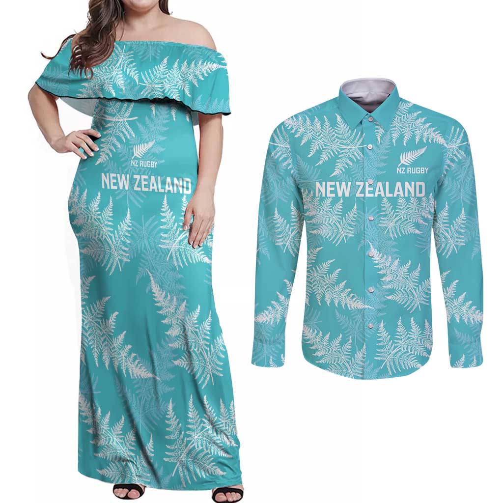 New Zealand Silver Fern Rugby Custom Couples Matching Off Shoulder Maxi Dress and Long Sleeve Button Shirt Go Aotearoa Champions Turquoise Version LT14 Turquoise - Polynesian Pride