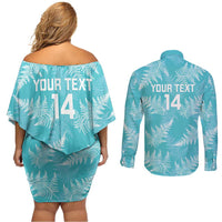 New Zealand Silver Fern Rugby Custom Couples Matching Off Shoulder Short Dress and Long Sleeve Button Shirt Go Aotearoa Champions Turquoise Version - Polynesian Pride
