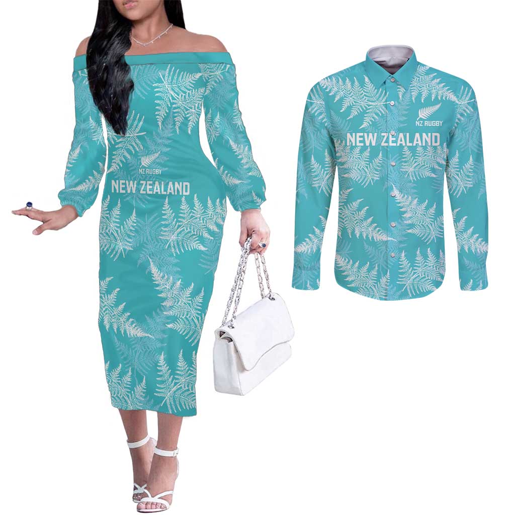New Zealand Silver Fern Rugby Custom Couples Matching Off The Shoulder Long Sleeve Dress and Long Sleeve Button Shirt Go Aotearoa Champions Turquoise Version LT14 Turquoise - Polynesian Pride