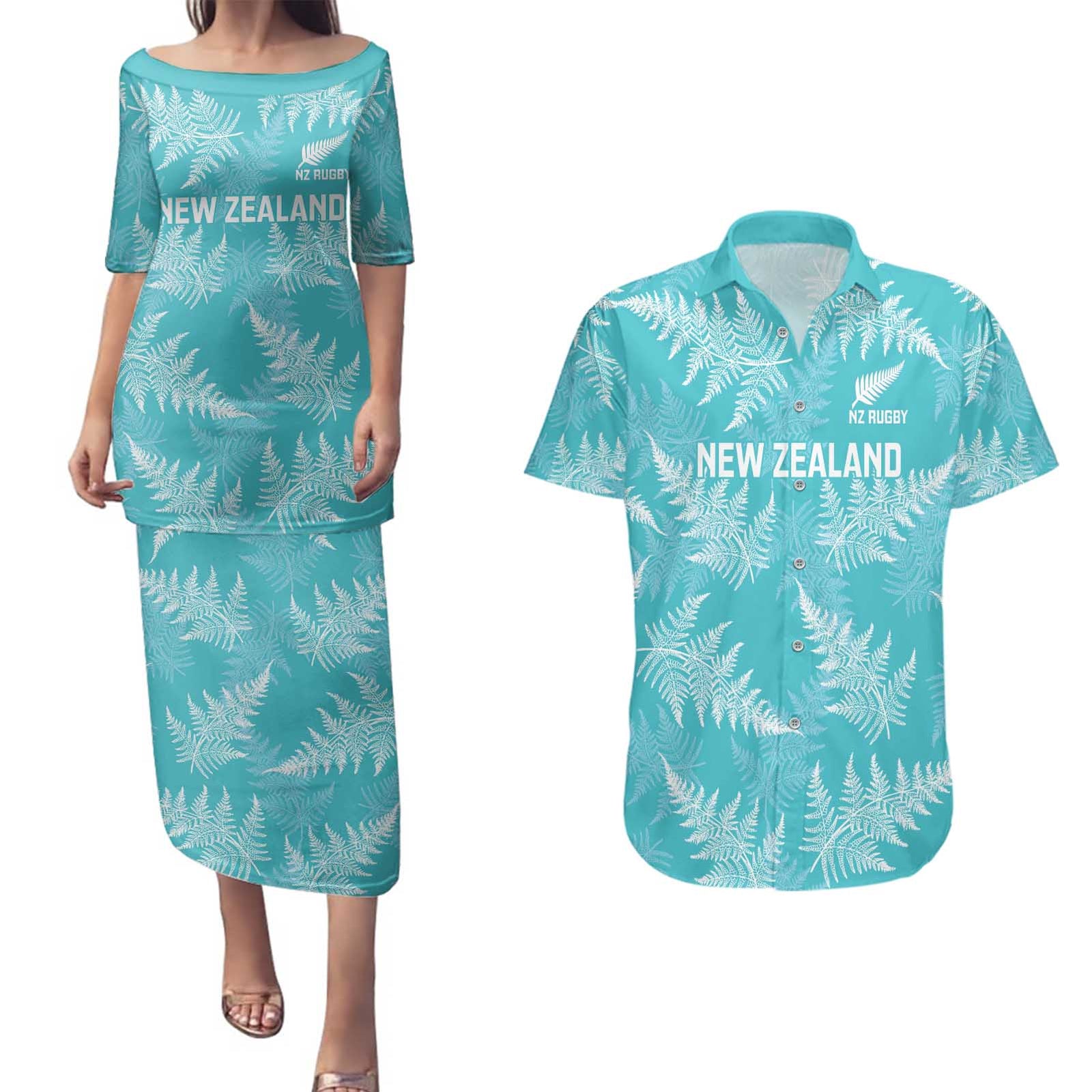 New Zealand Silver Fern Rugby Custom Couples Matching Puletasi and Hawaiian Shirt Go Aotearoa Champions Turquoise Version LT14 Turquoise - Polynesian Pride