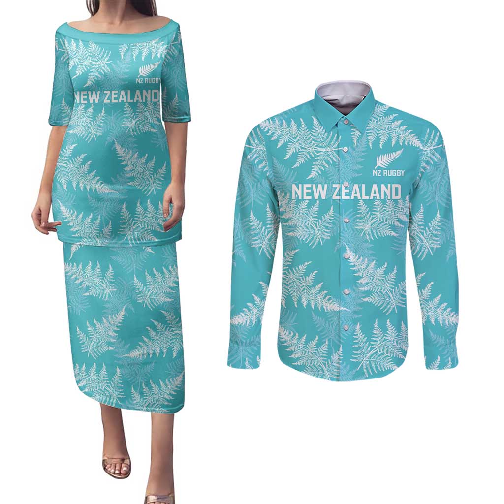 New Zealand Silver Fern Rugby Custom Couples Matching Puletasi and Long Sleeve Button Shirt Go Aotearoa Champions Turquoise Version LT14 Turquoise - Polynesian Pride