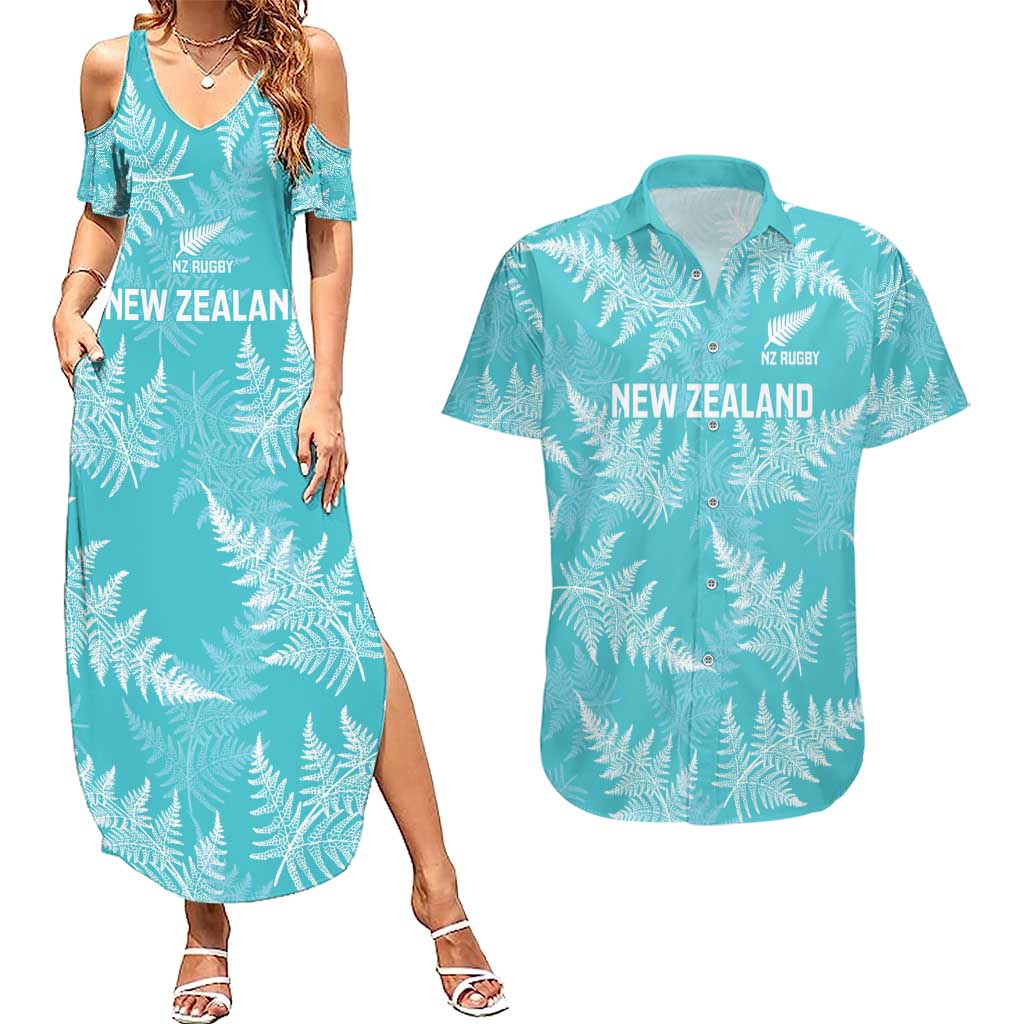New Zealand Silver Fern Rugby Custom Couples Matching Summer Maxi Dress and Hawaiian Shirt Go Aotearoa Champions Turquoise Version - Polynesian Pride