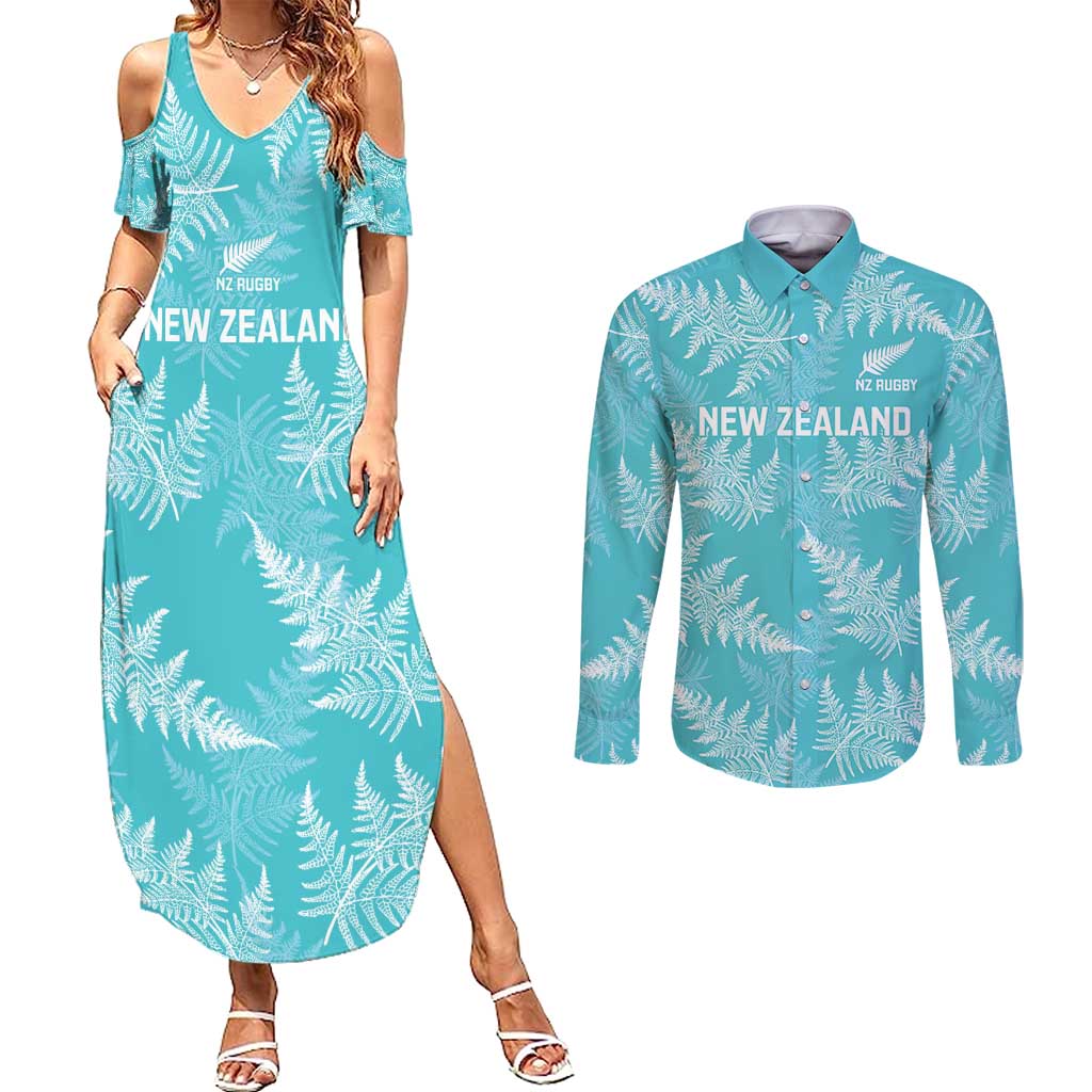 New Zealand Silver Fern Rugby Custom Couples Matching Summer Maxi Dress and Long Sleeve Button Shirt Go Aotearoa Champions Turquoise Version LT14 Turquoise - Polynesian Pride