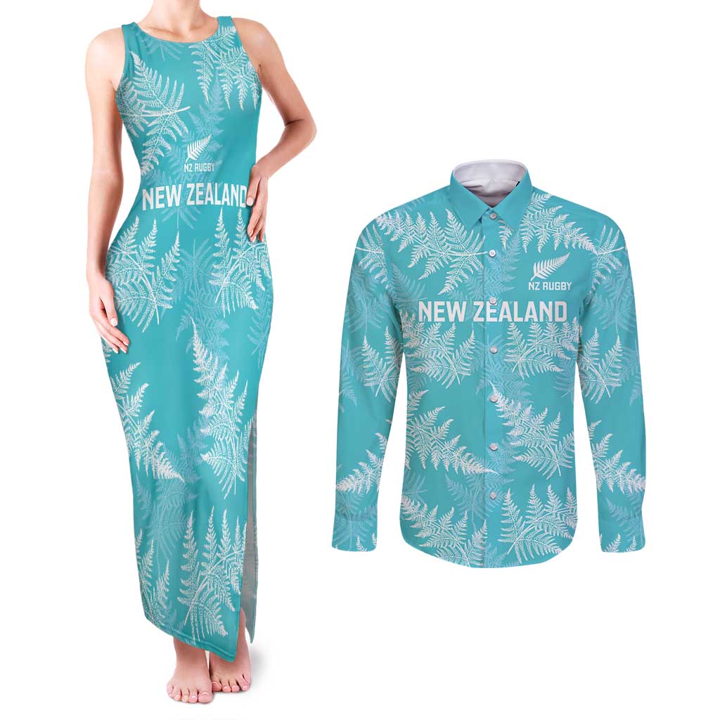 New Zealand Silver Fern Rugby Custom Couples Matching Tank Maxi Dress and Long Sleeve Button Shirt Go Aotearoa Champions Turquoise Version LT14 Turquoise - Polynesian Pride