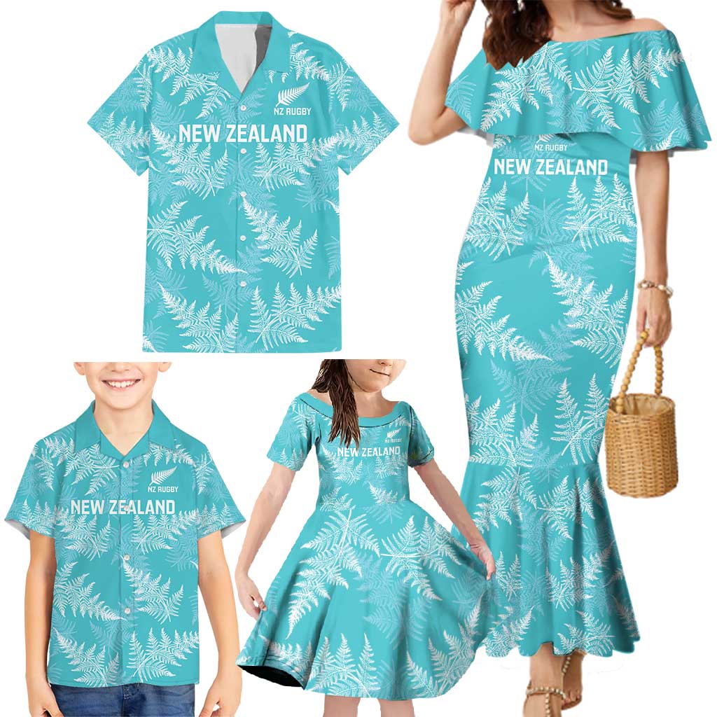 New Zealand Silver Fern Rugby Custom Family Matching Mermaid Dress and Hawaiian Shirt Go Aotearoa Champions Turquoise Version - Polynesian Pride