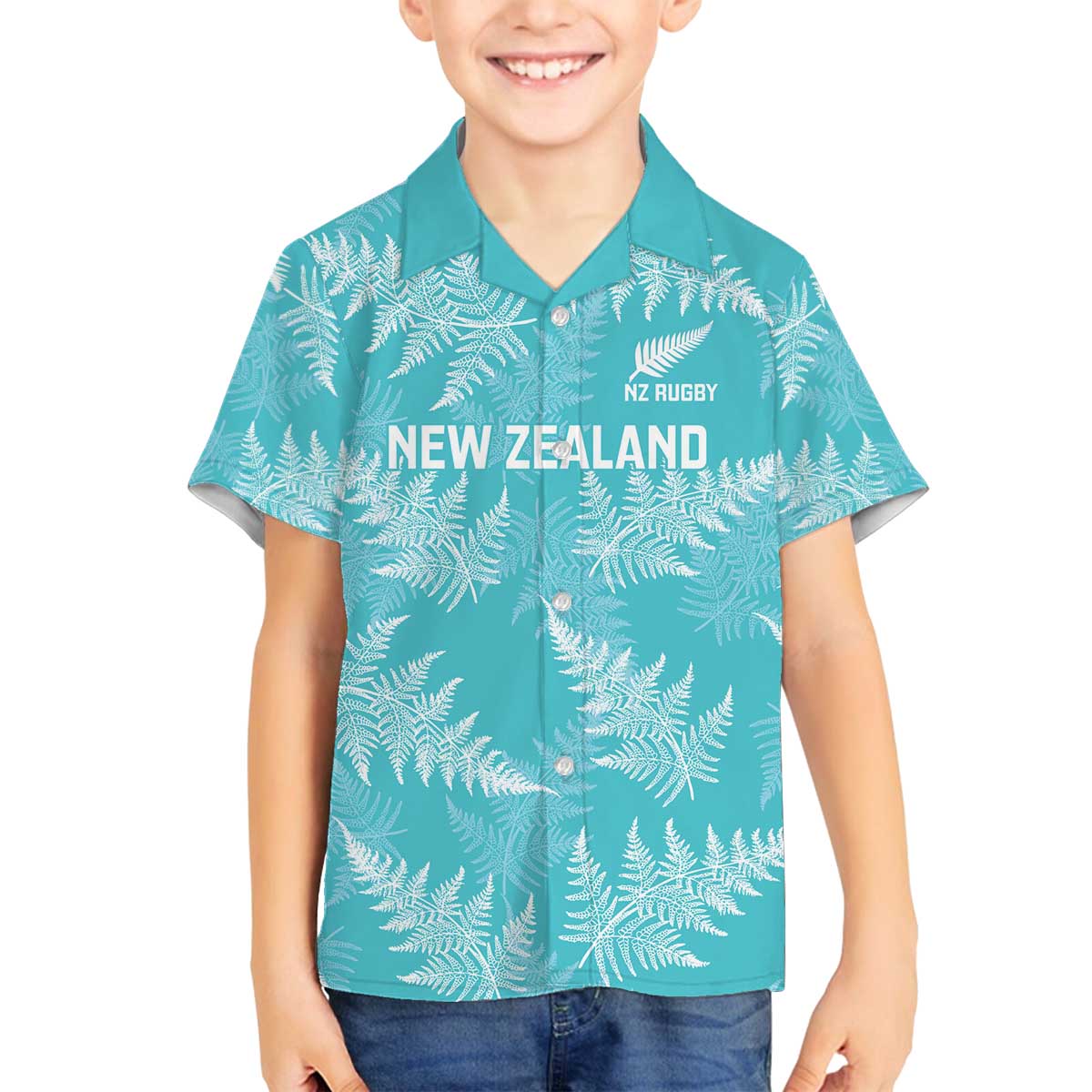 New Zealand Silver Fern Rugby Custom Family Matching Off The Shoulder Long Sleeve Dress and Hawaiian Shirt Go Aotearoa Champions Turquoise Version - Polynesian Pride