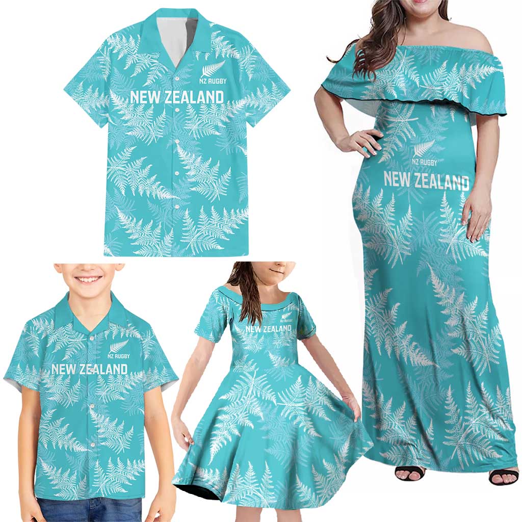 New Zealand Silver Fern Rugby Custom Family Matching Off Shoulder Maxi Dress and Hawaiian Shirt Go Aotearoa Champions Turquoise Version - Polynesian Pride