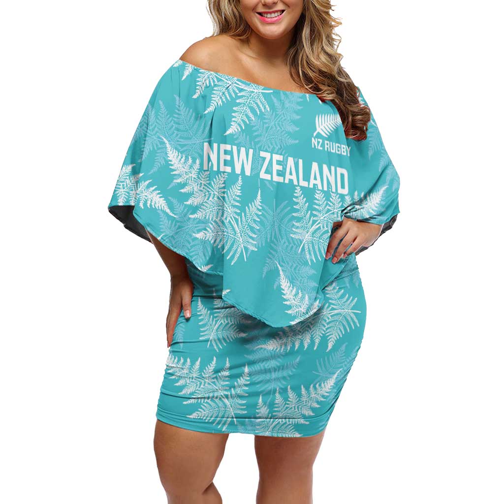 New Zealand Silver Fern Rugby Custom Family Matching Off Shoulder Short Dress and Hawaiian Shirt Go Aotearoa Champions Turquoise Version - Polynesian Pride