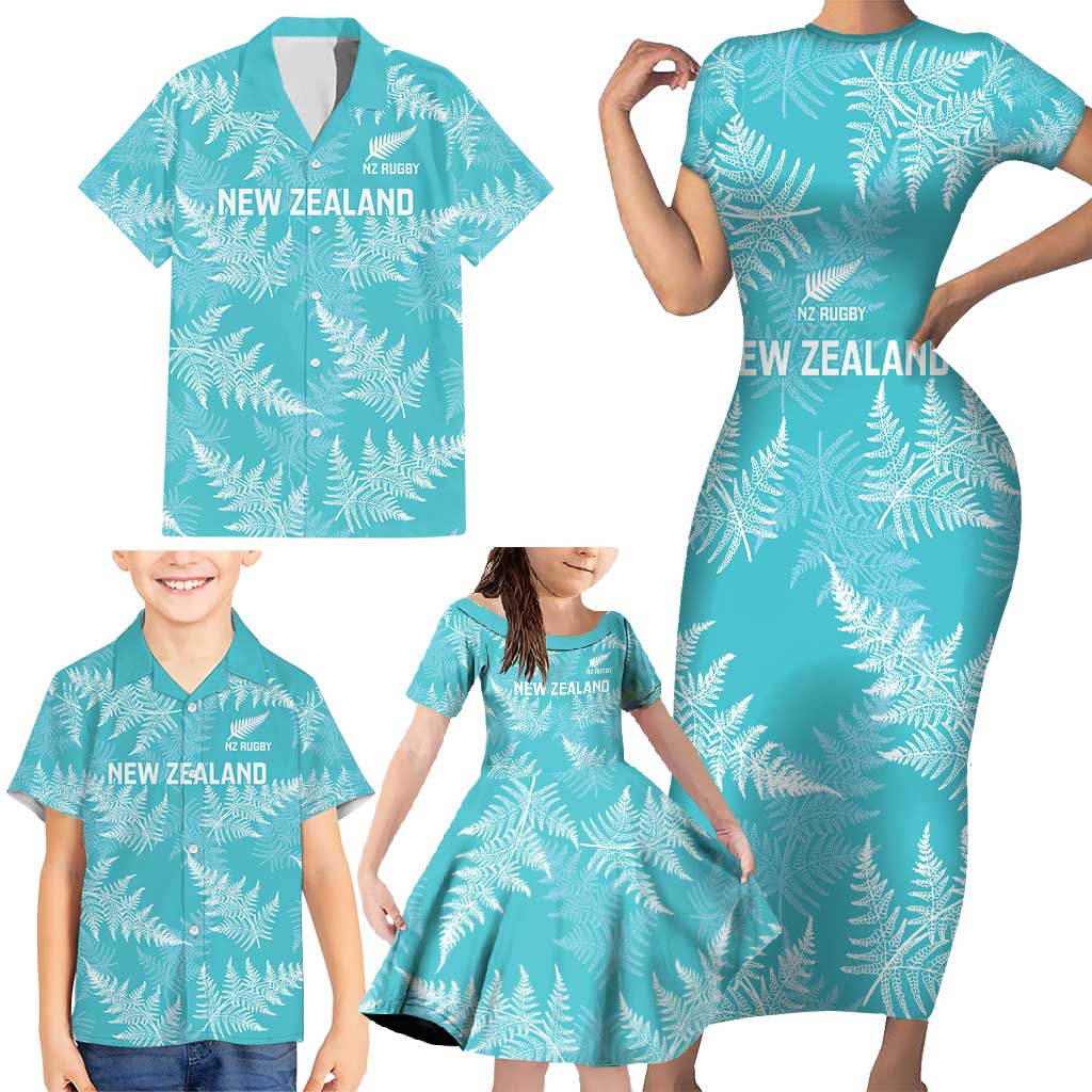 New Zealand Silver Fern Rugby Custom Family Matching Short Sleeve Bodycon Dress and Hawaiian Shirt Go Aotearoa Champions Turquoise Version - Polynesian Pride