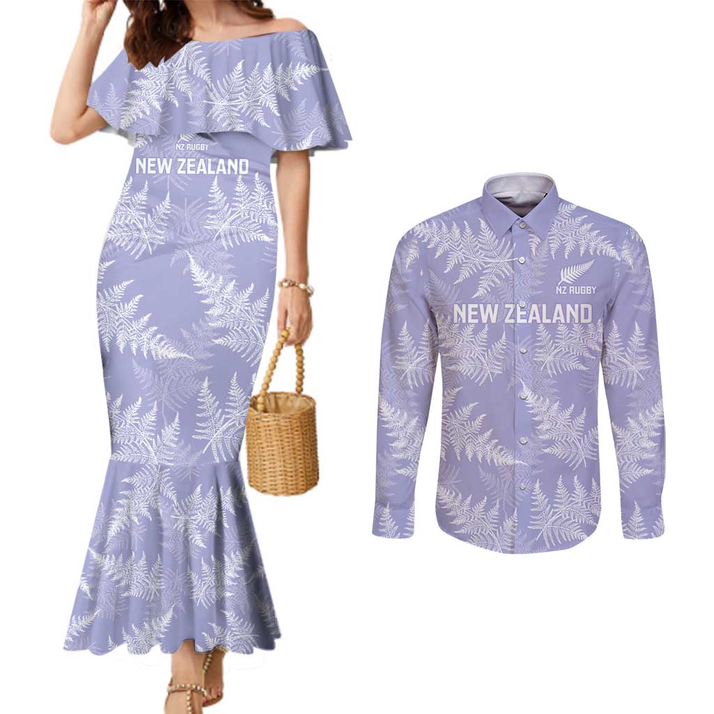 New Zealand Silver Fern Rugby Custom Couples Matching Mermaid Dress and Long Sleeve Button Shirt Go Aotearoa Champions Purple Version LT14 Purple - Polynesian Pride