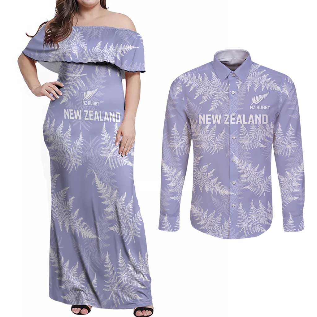 New Zealand Silver Fern Rugby Custom Couples Matching Off Shoulder Maxi Dress and Long Sleeve Button Shirt Go Aotearoa Champions Purple Version LT14 Purple - Polynesian Pride