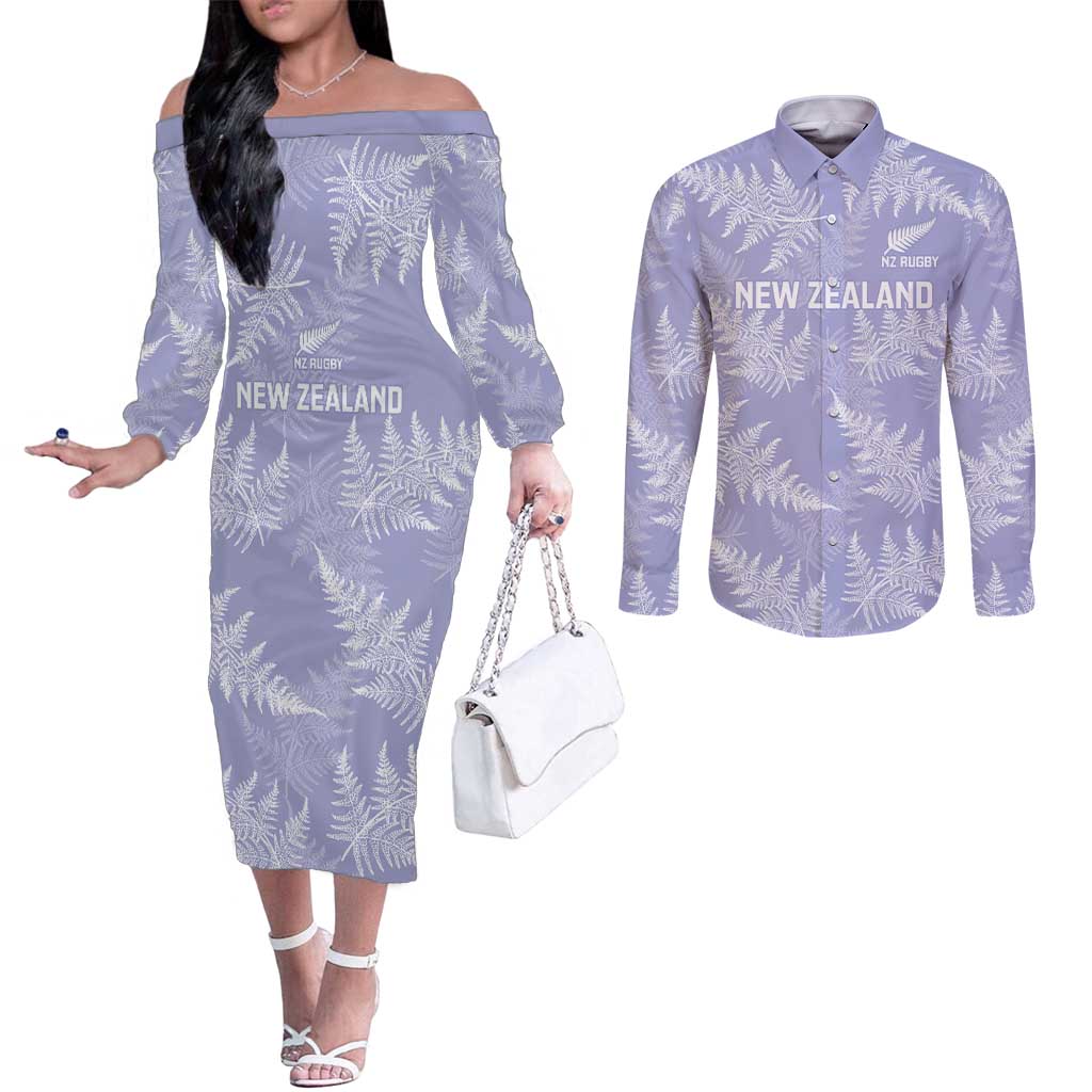 New Zealand Silver Fern Rugby Custom Couples Matching Off The Shoulder Long Sleeve Dress and Long Sleeve Button Shirt Go Aotearoa Champions Purple Version LT14 Purple - Polynesian Pride