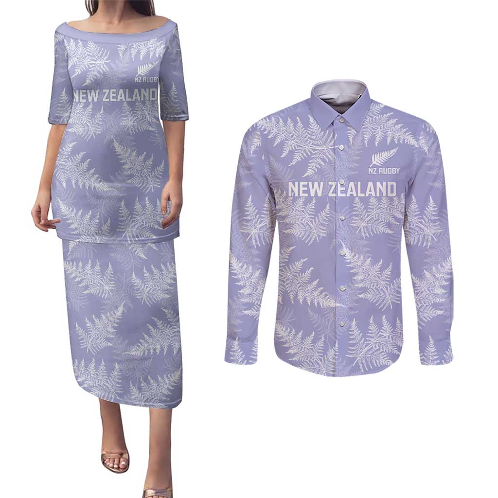 New Zealand Silver Fern Rugby Custom Couples Matching Puletasi and Long Sleeve Button Shirt Go Aotearoa Champions Purple Version LT14 Purple - Polynesian Pride