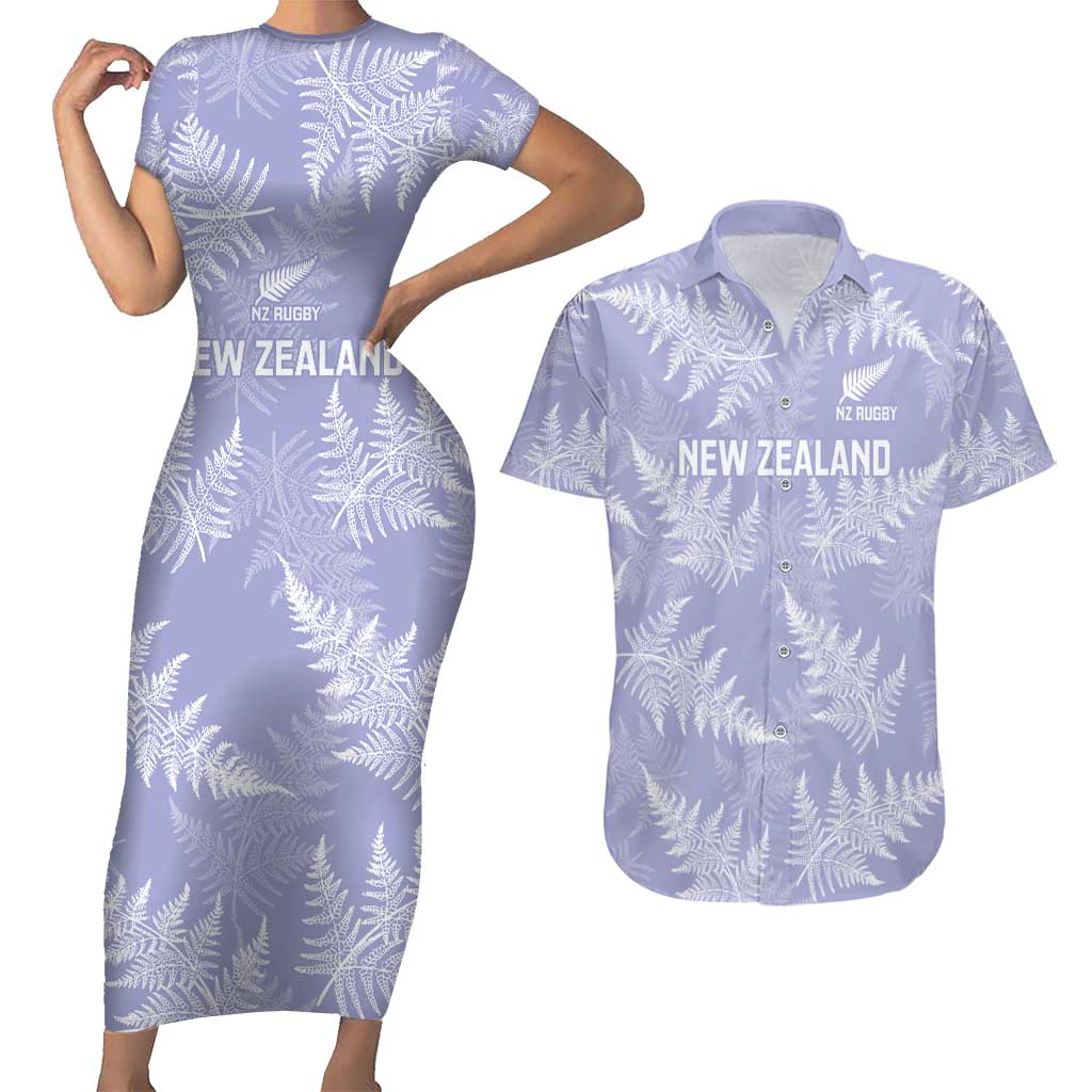 New Zealand Silver Fern Rugby Custom Couples Matching Short Sleeve Bodycon Dress and Hawaiian Shirt Go Aotearoa Champions Purple Version - Polynesian Pride