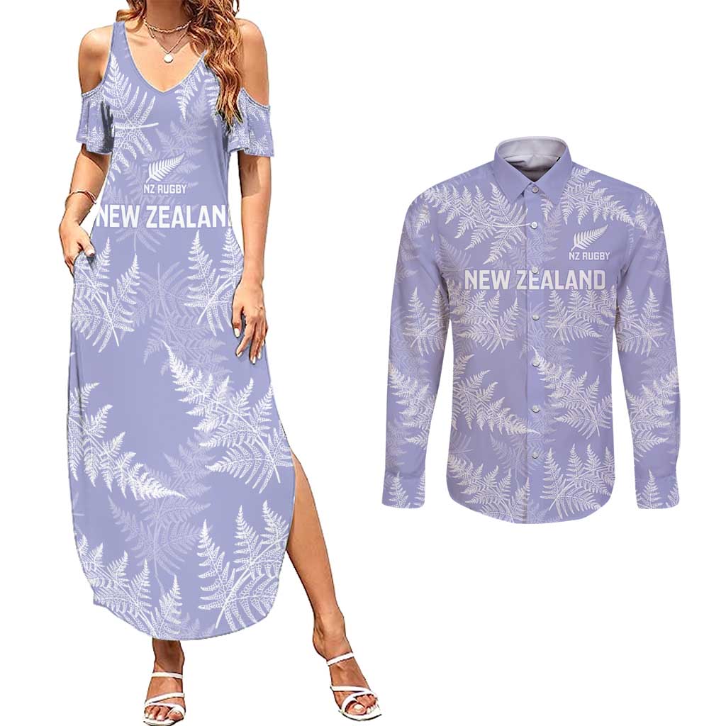 New Zealand Silver Fern Rugby Custom Couples Matching Summer Maxi Dress and Long Sleeve Button Shirt Go Aotearoa Champions Purple Version LT14 Purple - Polynesian Pride