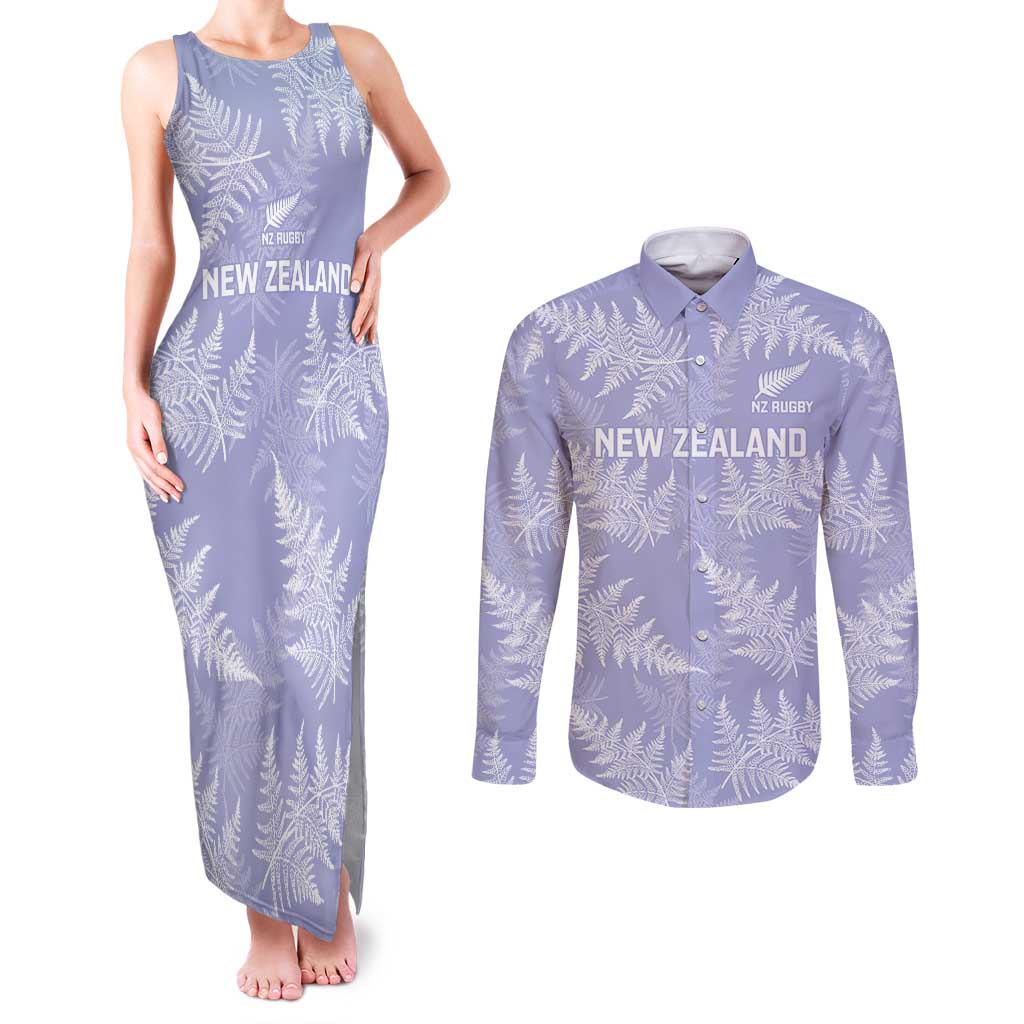 New Zealand Silver Fern Rugby Custom Couples Matching Tank Maxi Dress and Long Sleeve Button Shirt Go Aotearoa Champions Purple Version LT14 Purple - Polynesian Pride