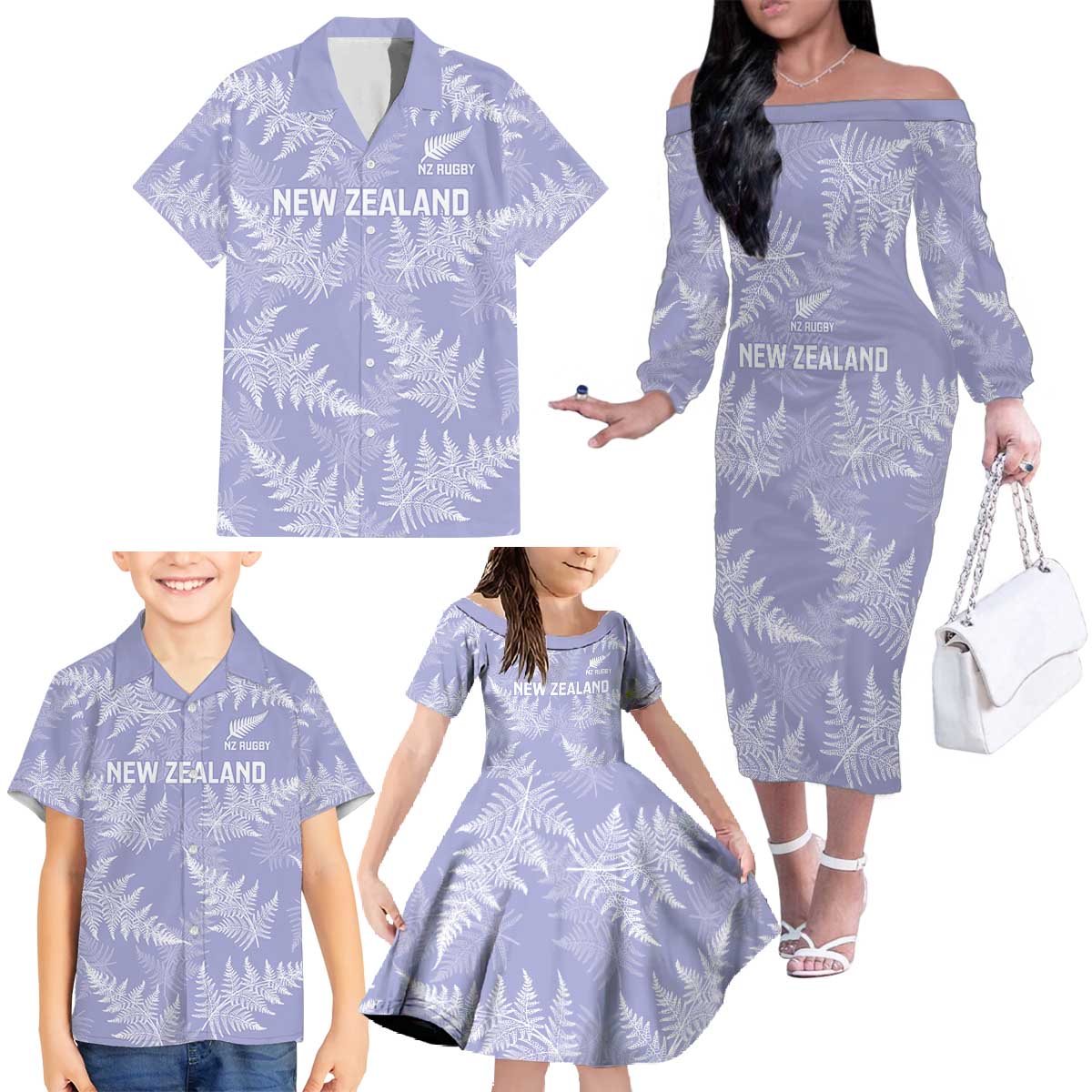 New Zealand Silver Fern Rugby Custom Family Matching Off The Shoulder Long Sleeve Dress and Hawaiian Shirt Go Aotearoa Champions Purple Version - Polynesian Pride