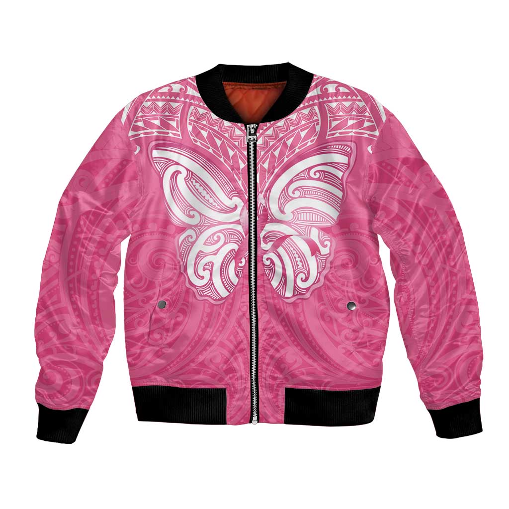 New Zealand Breast Cancer Awareness Bomber Jacket Maori Butterfly Pink Ribbon - Polynesian Pride