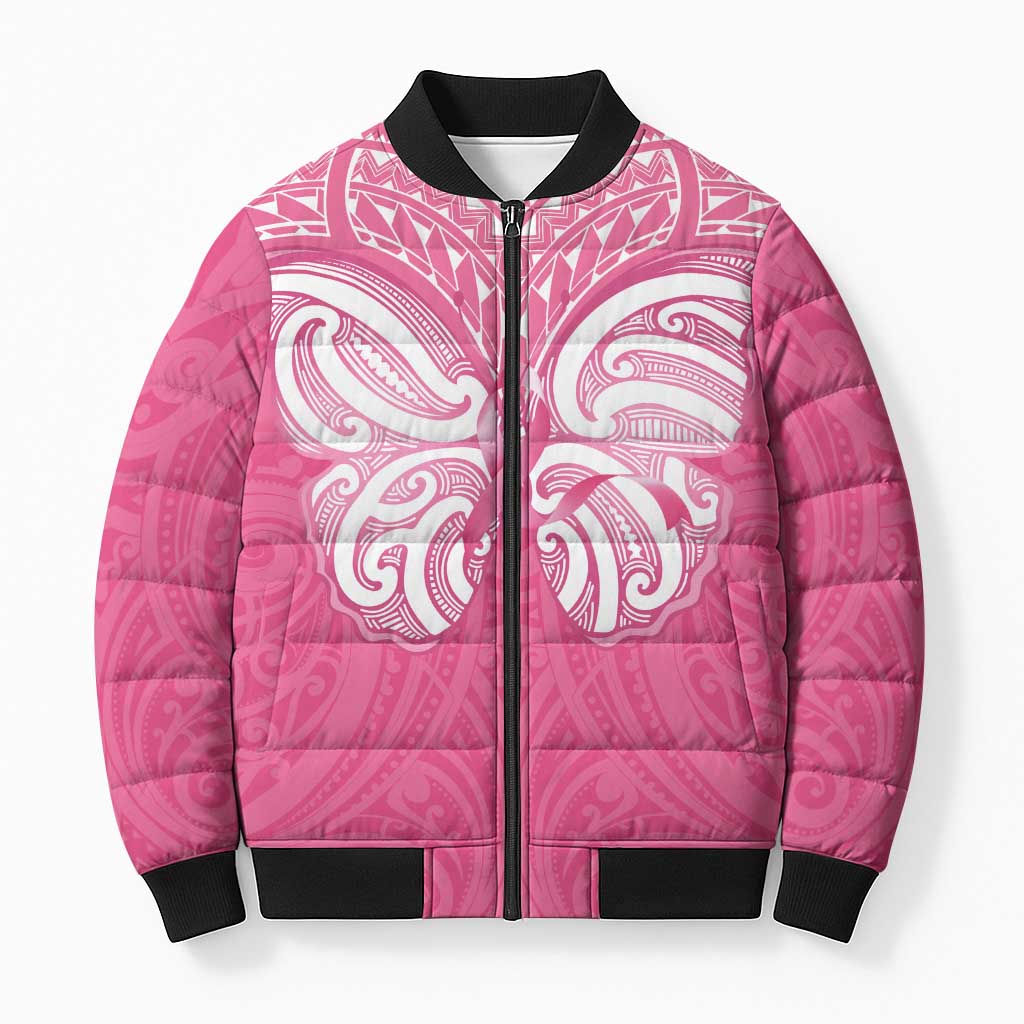 New Zealand Breast Cancer Awareness Bomber Puffer Jacket Maori Butterfly Pink Ribbon - Polynesian Pride