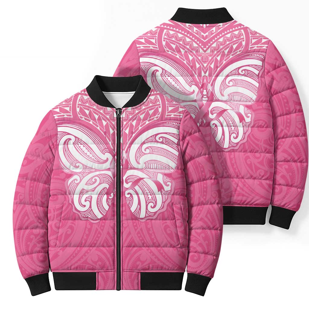 New Zealand Breast Cancer Awareness Bomber Puffer Jacket Maori Butterfly Pink Ribbon - Polynesian Pride