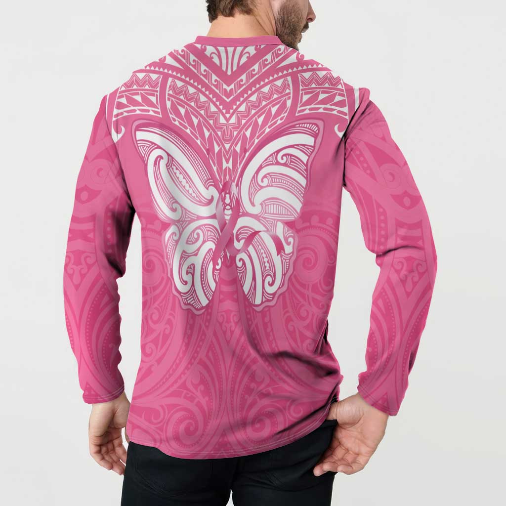 New Zealand Breast Cancer Awareness Button Sweatshirt Maori Butterfly Pink Ribbon - Polynesian Pride