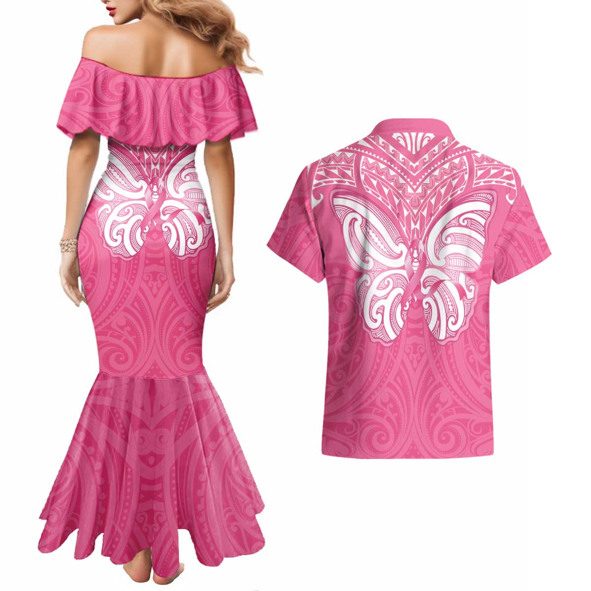 New Zealand Breast Cancer Awareness Couples Matching Mermaid Dress and Hawaiian Shirt Maori Butterfly Pink Ribbon - Polynesian Pride