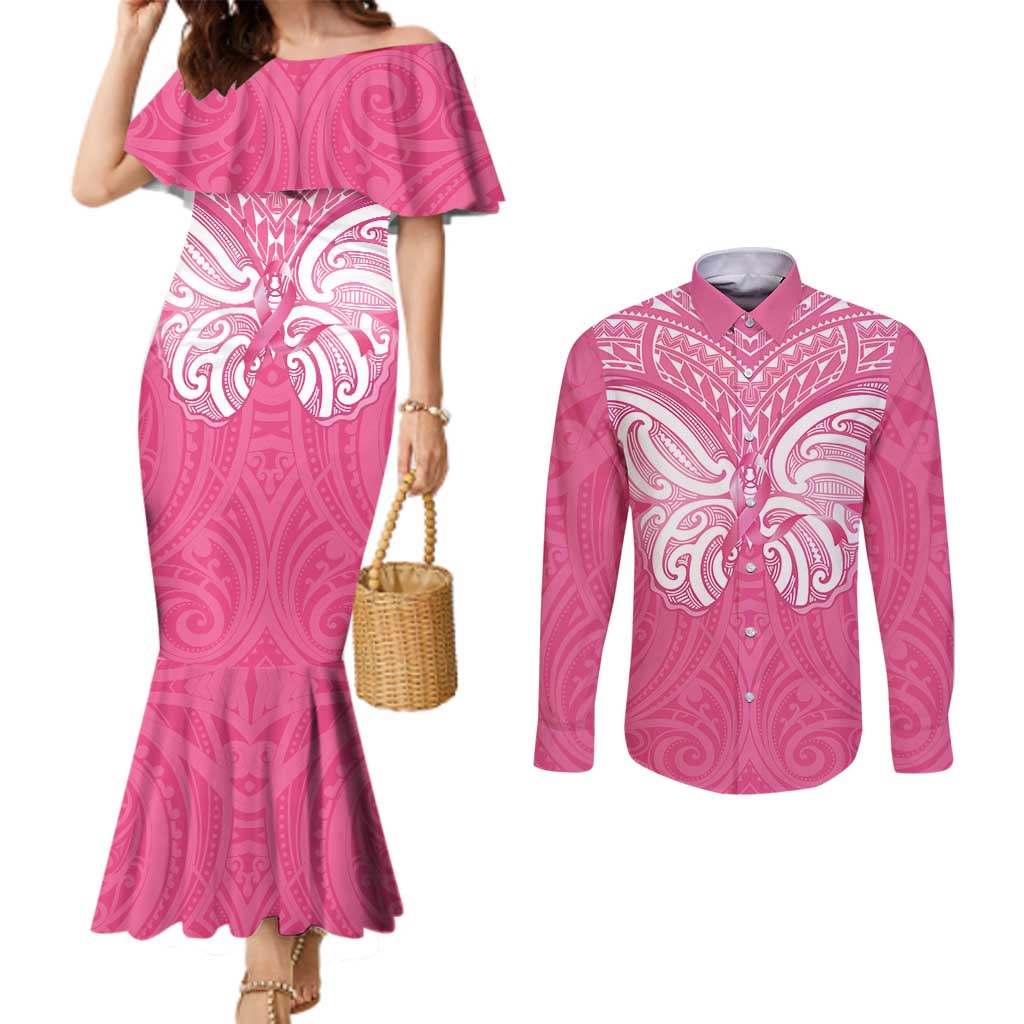 New Zealand Breast Cancer Awareness Couples Matching Mermaid Dress and Long Sleeve Button Shirt Maori Butterfly Pink Ribbon - Polynesian Pride