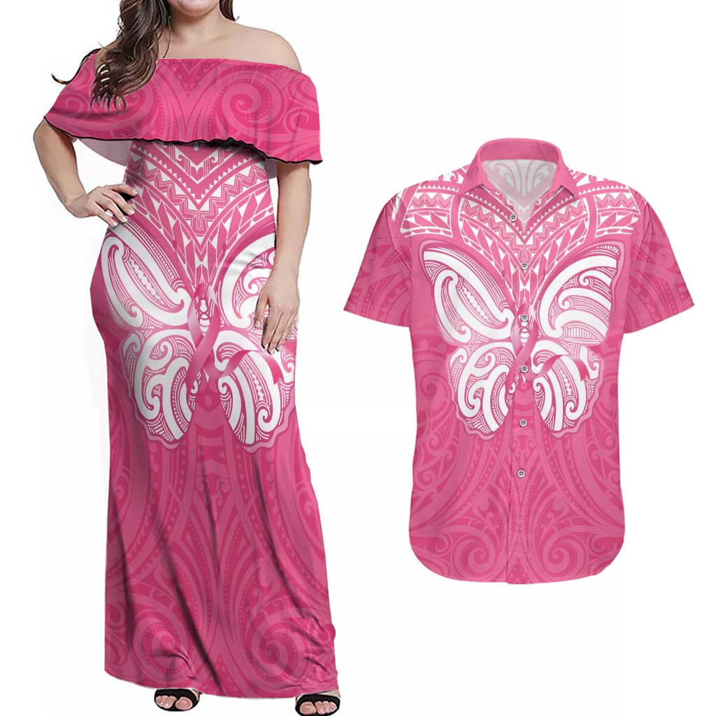 New Zealand Breast Cancer Awareness Couples Matching Off Shoulder Maxi Dress and Hawaiian Shirt Maori Butterfly Pink Ribbon - Polynesian Pride