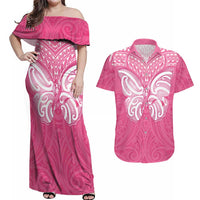 New Zealand Breast Cancer Awareness Couples Matching Off Shoulder Maxi Dress and Hawaiian Shirt Maori Butterfly Pink Ribbon - Polynesian Pride