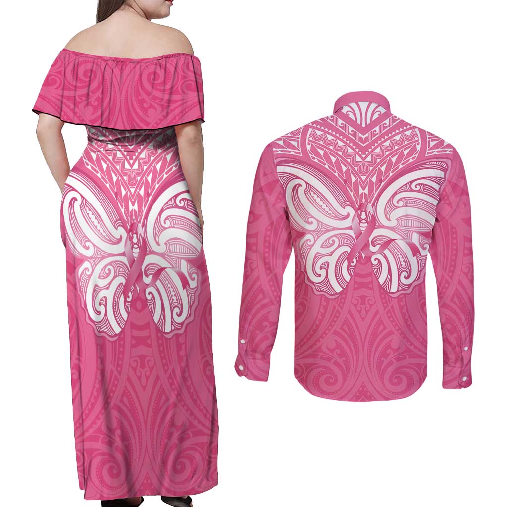 New Zealand Breast Cancer Awareness Couples Matching Off Shoulder Maxi Dress and Long Sleeve Button Shirt Maori Butterfly Pink Ribbon - Polynesian Pride