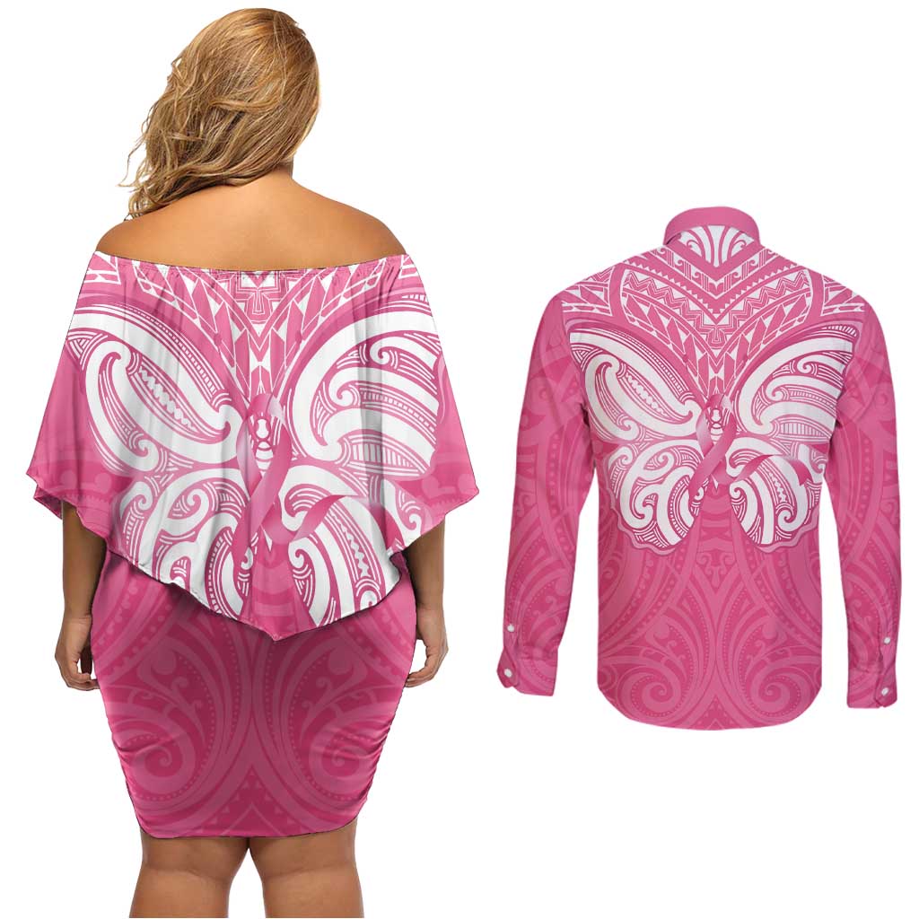 New Zealand Breast Cancer Awareness Couples Matching Off Shoulder Short Dress and Long Sleeve Button Shirt Maori Butterfly Pink Ribbon - Polynesian Pride