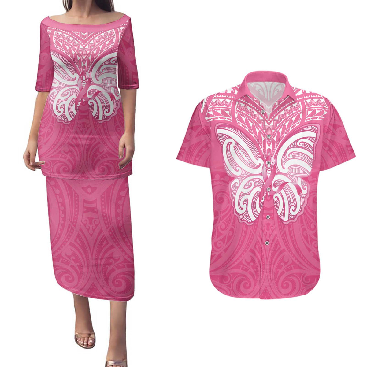 New Zealand Breast Cancer Awareness Couples Matching Puletasi and Hawaiian Shirt Maori Butterfly Pink Ribbon - Polynesian Pride