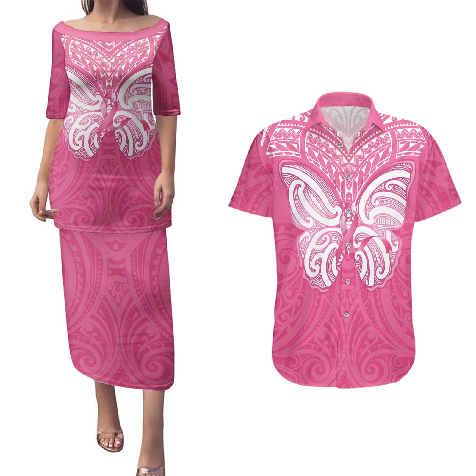 New Zealand Breast Cancer Awareness Couples Matching Puletasi and Hawaiian Shirt Maori Butterfly Pink Ribbon - Polynesian Pride