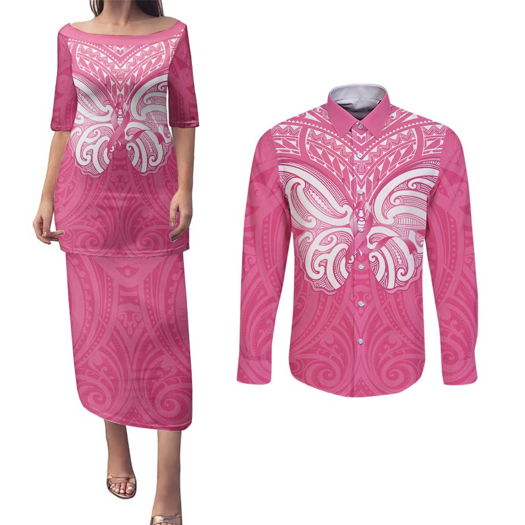 New Zealand Breast Cancer Awareness Couples Matching Puletasi and Long Sleeve Button Shirt Maori Butterfly Pink Ribbon - Polynesian Pride