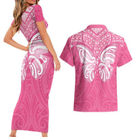 New Zealand Breast Cancer Awareness Couples Matching Short Sleeve Bodycon Dress and Hawaiian Shirt Maori Butterfly Pink Ribbon - Polynesian Pride