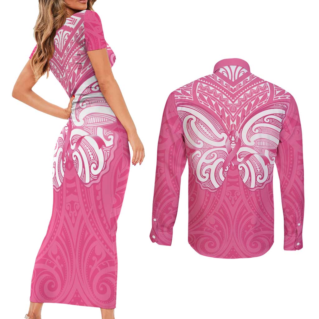 New Zealand Breast Cancer Awareness Couples Matching Short Sleeve Bodycon Dress and Long Sleeve Button Shirt Maori Butterfly Pink Ribbon - Polynesian Pride