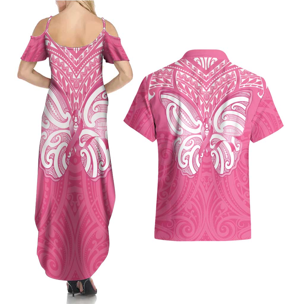 New Zealand Breast Cancer Awareness Couples Matching Summer Maxi Dress and Hawaiian Shirt Maori Butterfly Pink Ribbon - Polynesian Pride
