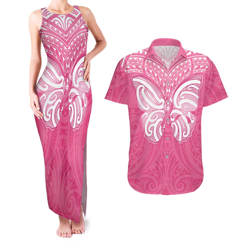 New Zealand Breast Cancer Awareness Couples Matching Tank Maxi Dress and Hawaiian Shirt Maori Butterfly Pink Ribbon - Polynesian Pride