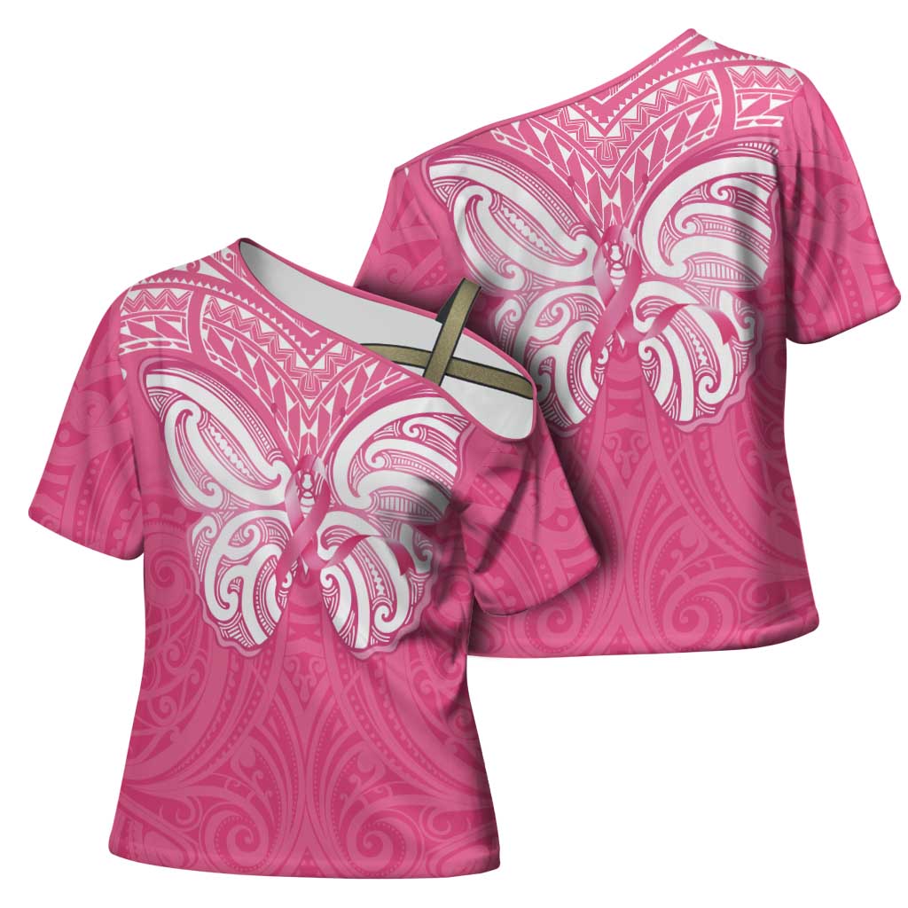 New Zealand Breast Cancer Awareness Cross Shoulder Shirt Maori Butterfly Pink Ribbon - Polynesian Pride