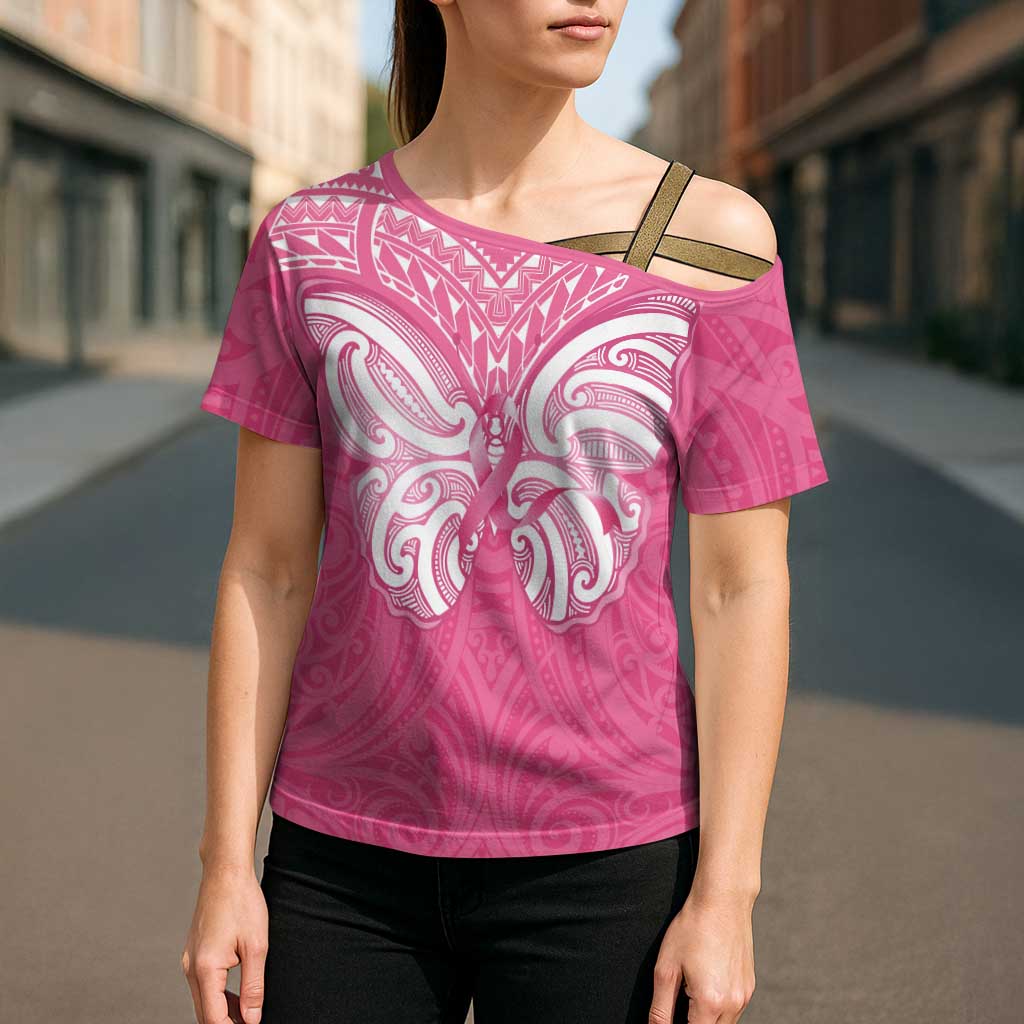 New Zealand Breast Cancer Awareness Cross Shoulder Shirt Maori Butterfly Pink Ribbon - Polynesian Pride